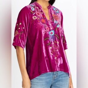 Stunning Johnny Was Fuchsia ULLA silk Velvet Top with Floral Embroidery XS S